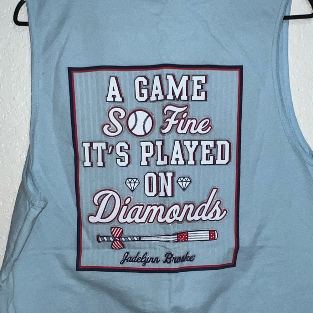 Jadelynn Brooke blue tank top with baseball graphic